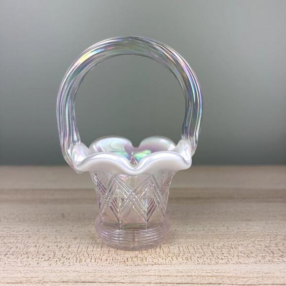 Vintage Mini Glass Basket Pink White Iridescent Carnival 5" Glassware Decor - Picture 1 of 7